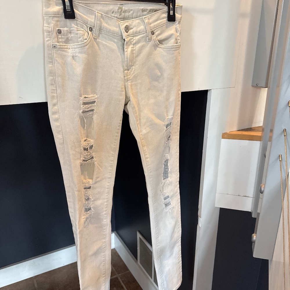 7 For All Mankind Roxanne Cream Stretch Skinny Jean with Gray Patches